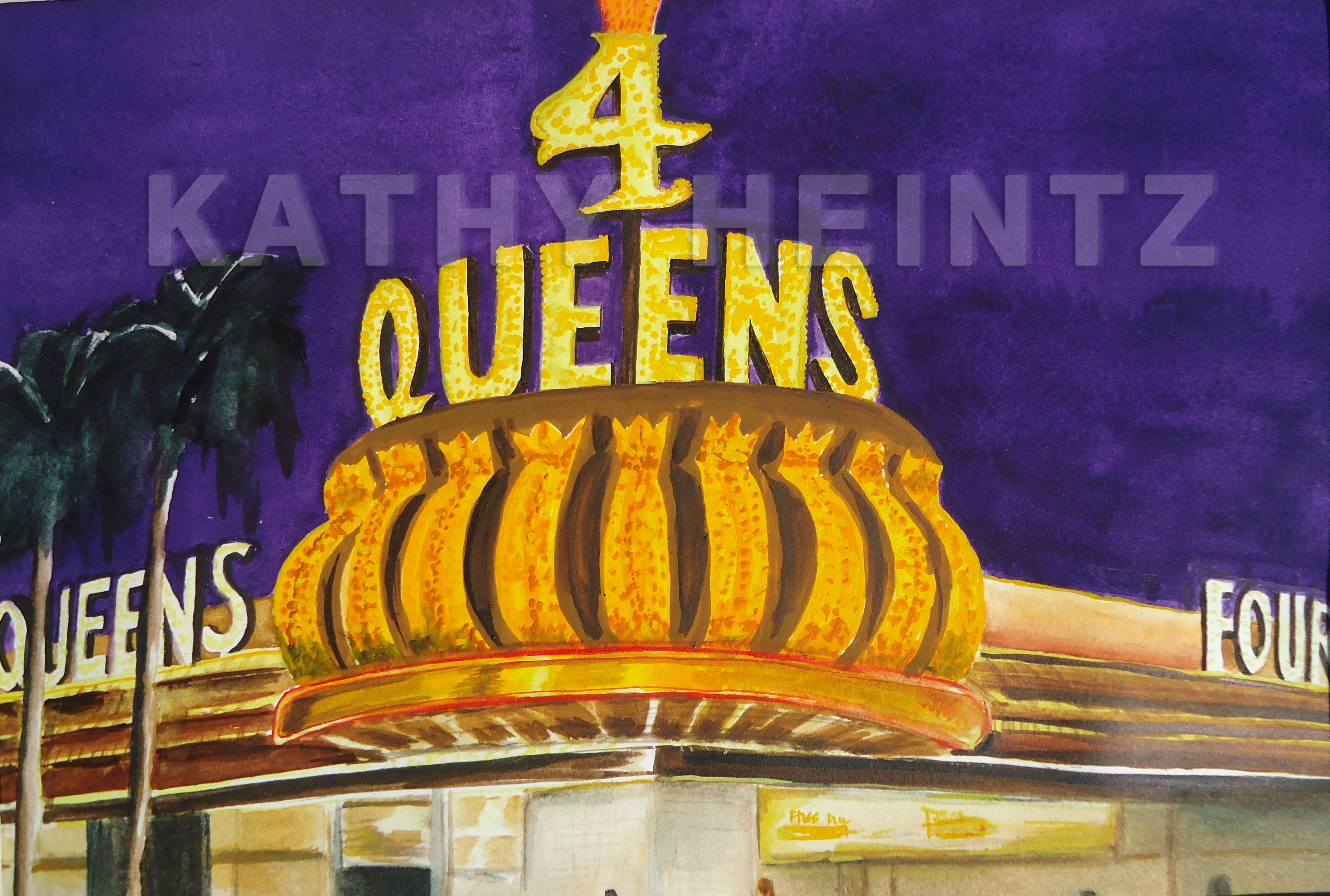 Four Queens casino marquee, watercolor