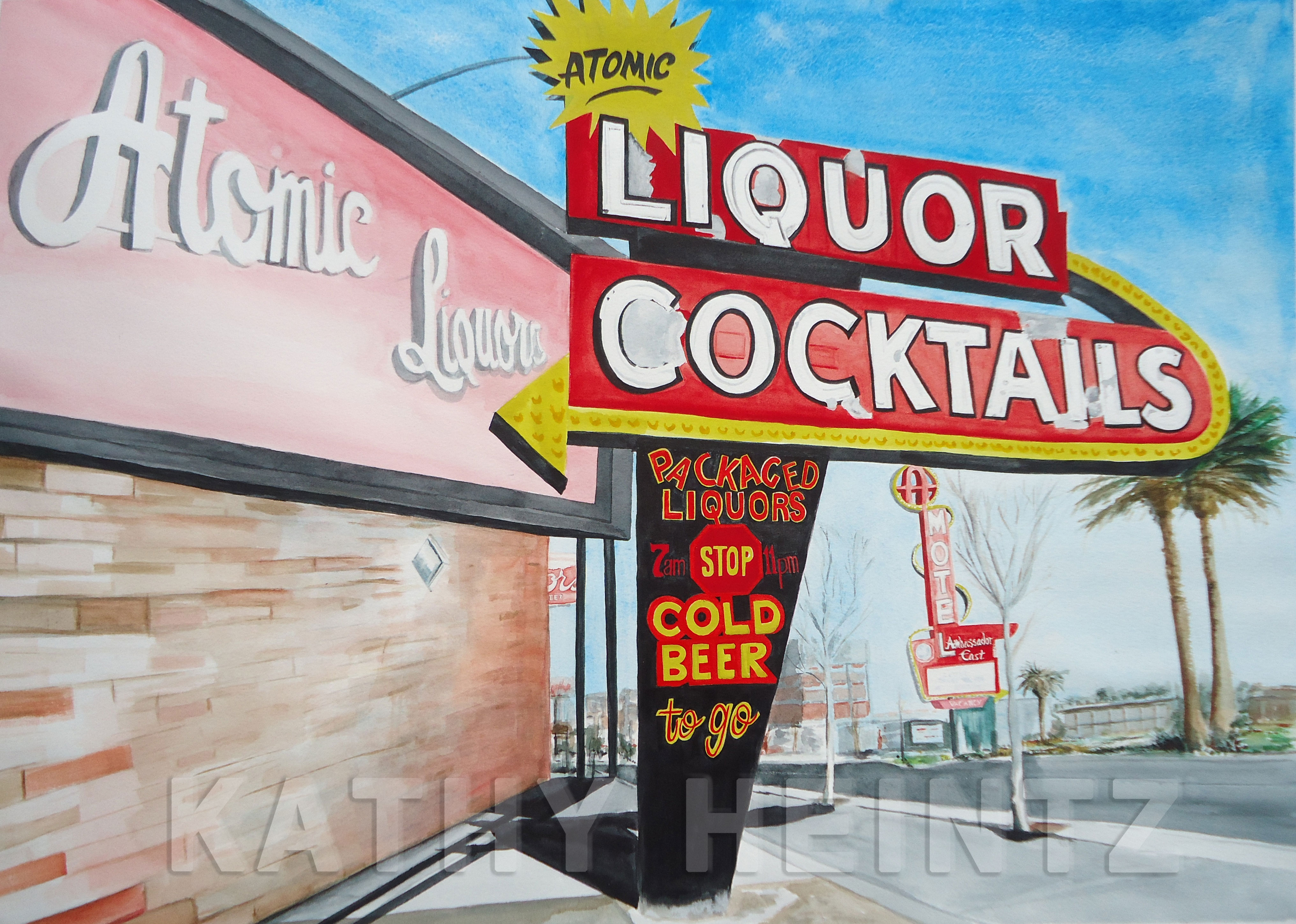Atomic Liquors and Ambassador East Motel, watercolor