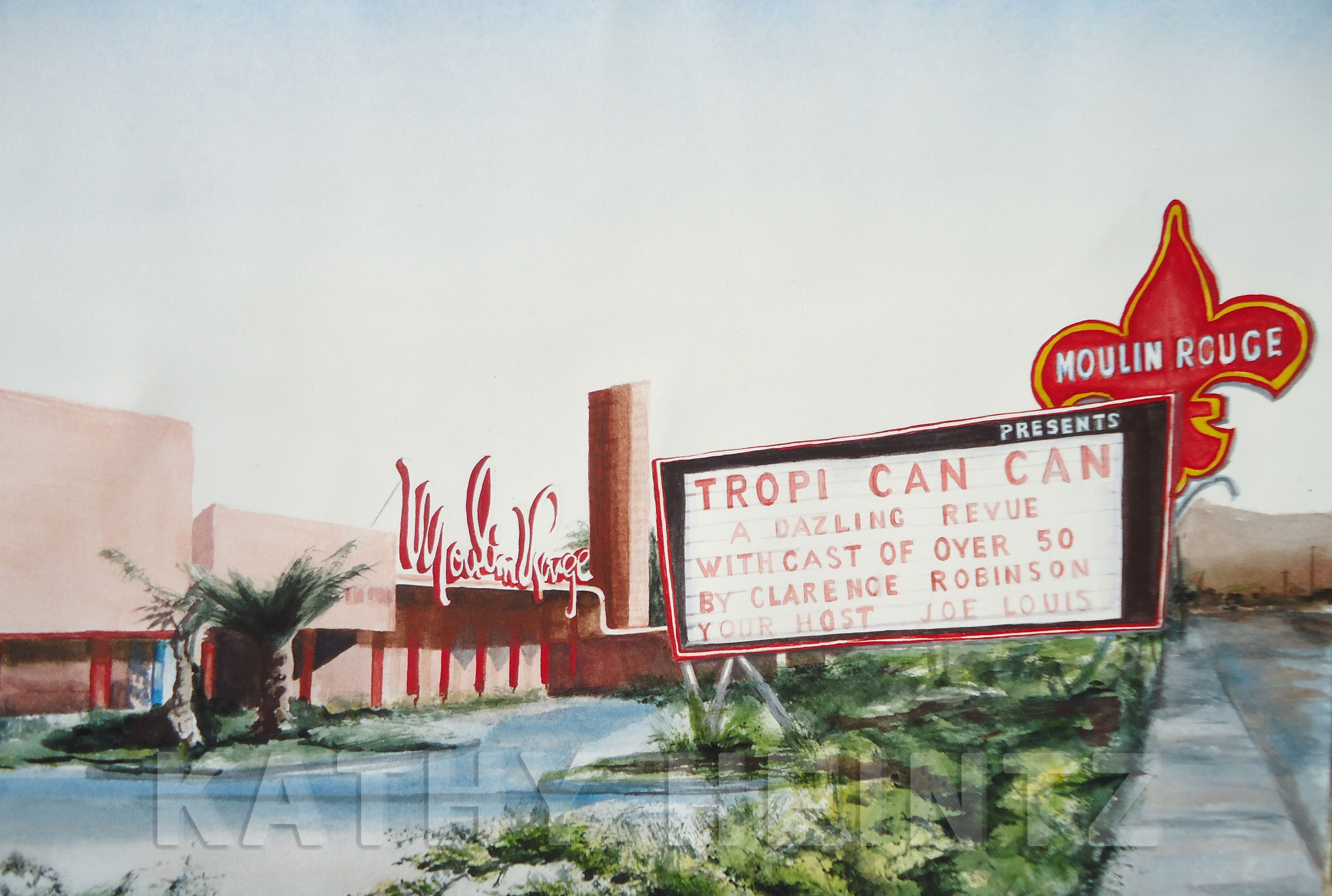 Moulin Rouge marquee, watercolor