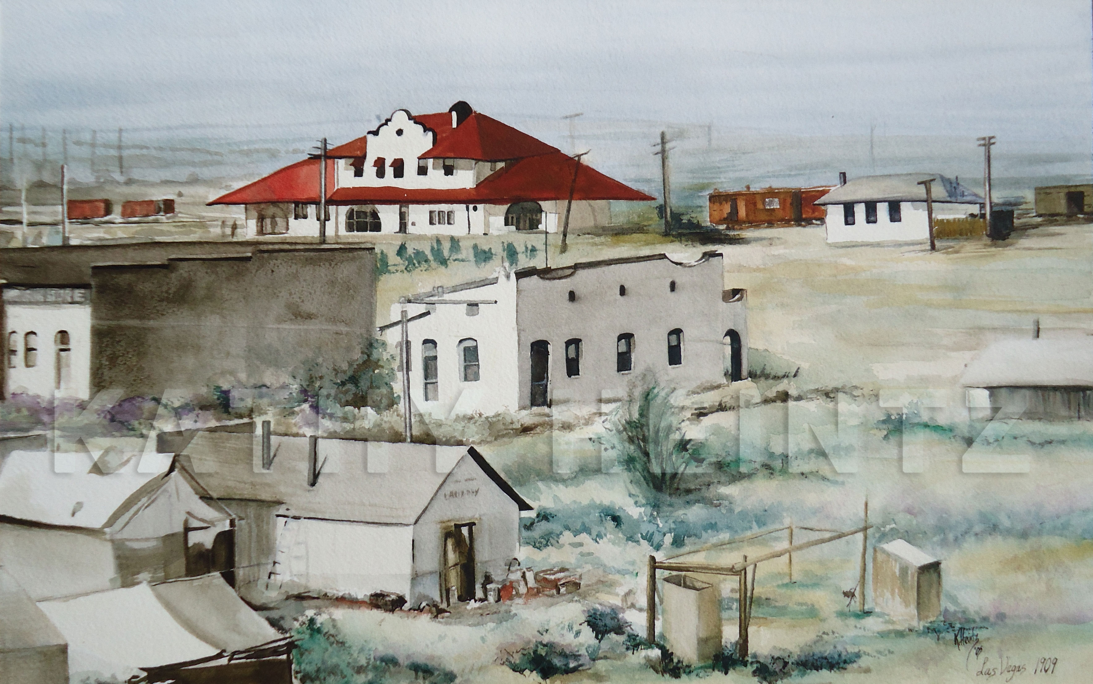 Union Depot, Las Vegas, 1909, watercolor