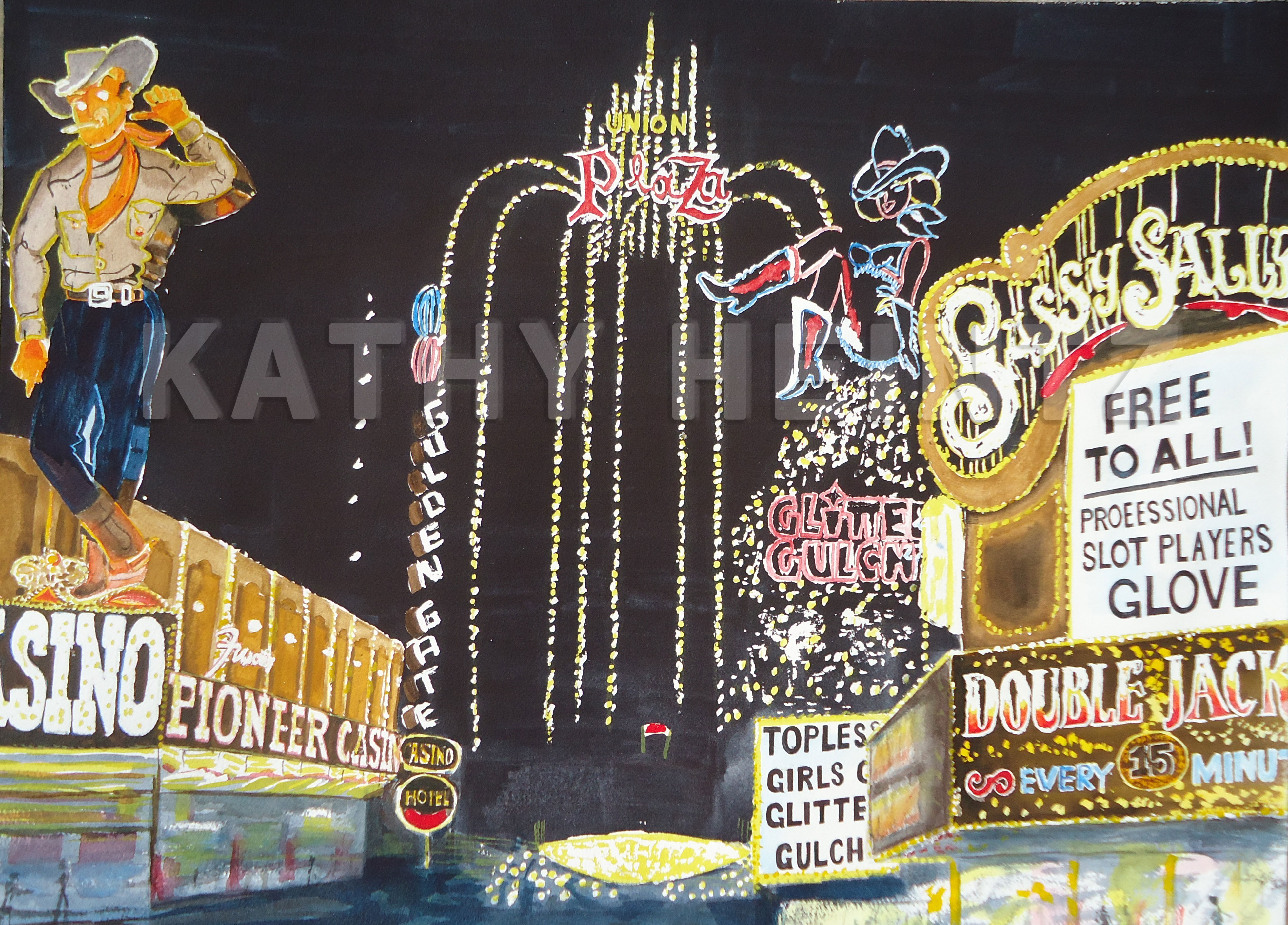 Vegas Vic at night, watercolor